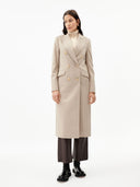 Women's Cashmere Peak Lapel Long Coat Taupe worn by model detail view on white background #color_taupe