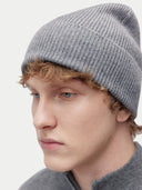 Unisex Cashmere Rib Knit Beanie Dim Gray worn by model, detail view on white background #color_gray