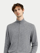 Mens' Dim Gray Cashmere Cardigan worn by model, detail view on white background #color_gray #ai-image