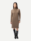 Women's Seamless Turtleneck Cashmere Dress Taupe worn by model front view on white background #color_taupe