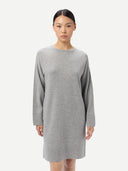 Women's Seamless Crewneck Cashmere Dress High Rise worn by model detail view on white background #color_light-gray