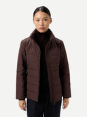 Women's CashmereTECH Jacket Vineyard Wine worn by model, detail view on white background #color_stone-brown