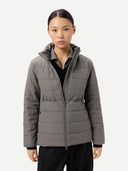 Women's CashmereTECH Jacket Dim Gray worn by model, detail view on white background #color_gray