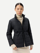 Women's CashmereTECH Jacket Black worn by model, detail view on white background #color_black