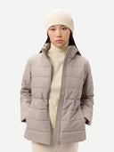 Women's CashmereTECH Jacket Cement worn by model, detail view on white background #color_stone-beige