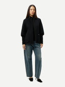 Women's Patch Pocket Cashmere Poncho Jacket Dark Navy worn by model front view on white background #color_charcoal-black