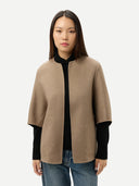 Women's Patch Pocket Cashmere Poncho Jacket Dark Navy worn by model detail view on white background #color_charcoal-black