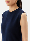 Women's Cashmere Crewneck Vest Navy worn by model detail view on white backround #color_navy-blue