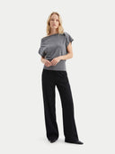 Women's Grey Cashmere Asymmetrical Top worn by model, front view on white background #color_steel-gray