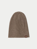 Unisex Organic Cashmere Rib Knit Hat Taupe detail view on white background #color_taupe