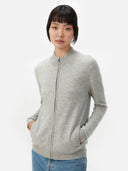 Women's Grey Cashmere Full-Zip Cardigan worn by model, detail view on white background #color_steel-silver