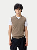 Timeless V-Neck Cashmere Vest Taupe worn by model, detail view, on white background #color_taupe