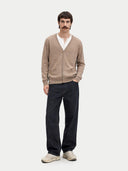 Men's Taupe Cashmere V-neck Cardigan worn by model,front view on white background #color_taupe #ai-image