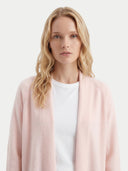 Women's Peach Blush Cashmere Open-Front Cardigan worn by model, detail view on white background #color_light-blush