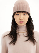 Women's Cashmere Rib Knit Hat Adobe Rose worn by model, detail view on white background #color_blush-brown