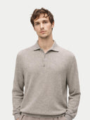 Men's Grey Cashmere Polo Sweater worn by model, detail view on white background #color_steel-silver #ai-image