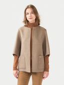 Women's Patch Pocket Cashmere Poncho Jacket Taupe worn by model detail view on white background #color_taupe