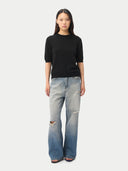 Women's Cashmere Elbow-Length Sleeve Cashmere Sweater Black worn by model, front view on white background #color_black