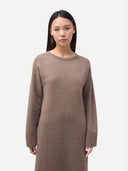 Women's Seamless Crewneck Cashmere Dress Taupe worn by model detail view on white background #color_taupe