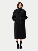 Women wearing Cashmere Trench Coat Black on a white background #color_black