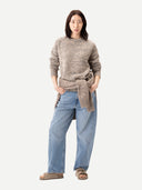Unisex Mouline Cashmere Sweater Oxford Tan worn by model, front view on white background #color_muted-taupe