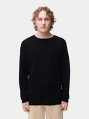 Men's Textured-Knit Silk Cashmere Sweater Black worn by model, detail view on white background #color_graphite-black