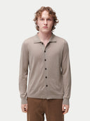 Men's Taupe Cashmere Silk Polo-Neck Cardigan worn by model, detail view on white background #color_deep-taupe