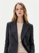 Women's Cashmere Peak Lapel Long Coat Charcoal worn by model detail view on white background #color_charcoal #ai-image