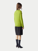 Women's Spinach Green Cashmere Crewneck Sweater worn by model, back view on white background #color_lime-green #ai-image