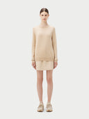Women's Beige Cashmere Basic Crew Neck Sweater worn by model, front view on white background #color_beige