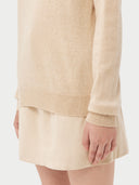 Women's Beige Cashmere Basic Crew Neck Sweater worn by model, detail view on white background #color_beige