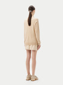 Women's Beige Cashmere Basic Crew Neck Sweater worn by model, back view on white background #color_beige