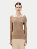 Women's Ribbed Cotton Silk Cashmere Blend Sweater Timber Wolf worn by model, detail view on white background #color_taupe-brown