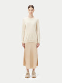 Women's White Cashmere Basic Crew Neck Sweater worn by model, front view on white background #color_off-white
