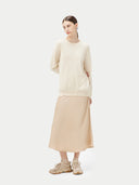 Women's White Cashmere Basic Crew Neck Sweater worn by model, front view on white background #color_off-white