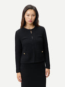 Women's Textured Knit Cashmere Jacket-Style Cardigan Black worn by model, detail view on white background #color_black
