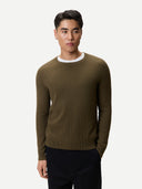 Men's Ribbed Cashmere Sweater Cub worn by model, detail view on white background #color_earth-brown