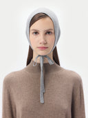 Women's Cashmere Mohair Bonnet Vapor Blue worn by model, detail view on white background #color_urban-silver