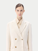 Women's Notch Lapel Midi-Length Cashmere Coat White worn by model detail view on white background #color_soft-white