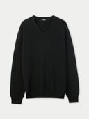 Men's Black Cashmere V-Neck Sweater detail view on white background #color_black