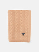 A beige cable knit cashmere blanket with a visible 'GOBI' brand tag.
#color_sheepskin