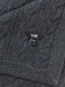 Unisex Cashmere Cable Knit Blanket Charcoal detail view. #color_charcoal