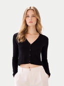 Women's Lightweight Cashmere Silk Cardigan Black worn by model, detail view on white background #color_graphite-black #ai-image