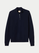 Men's Cashmere Waffle Knit Half-Zip Sweater Navy Blazer worn by model, detail view on white background #color_navy