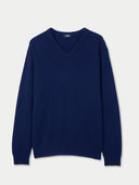 Men's Navy Cashmere V-Neck Sweater detail view on white background #color_navy-blue