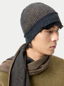Cashmere Ribbed Knit Hat Charcoal worn by model side view on white background #color_charcoal