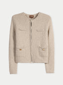 Women's Textured Knit Cashmere Jacket-Style Cardigan Warm Grey detail view on white background #color_dusty-beige