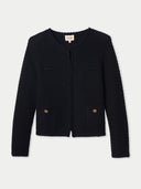 Women's Textured Knit Cashmere Jacket-Style Cardigan Black detail view on white background #color_black
