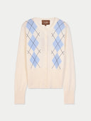 Women's White Cashmere Argyle Cardigan detail view on white background #color_soft-white