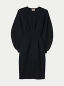 Women‚Äôs Black Cashmere Sculptural Dressr detail view on white background #color_black